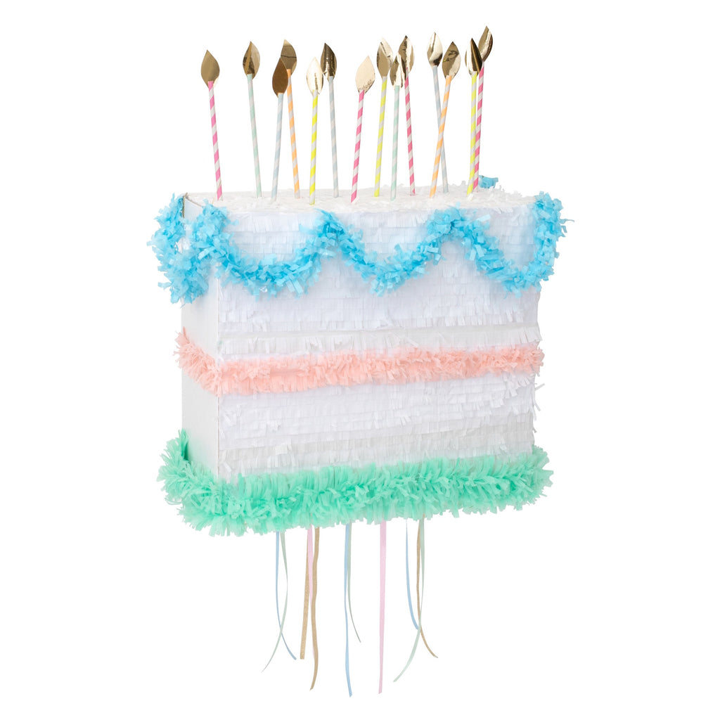 A fun and colorful piñata shaped like a cake, ideal for adding excitement and treats to birthday parties and celebrations.