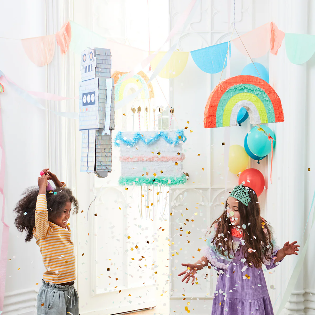 A fun and colorful piñata shaped like a cake, ideal for adding excitement and treats to birthday parties and celebrations.