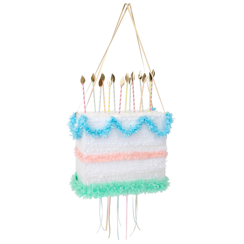 A fun and colorful piñata shaped like a cake, ideal for adding excitement and treats to birthday parties and celebrations.