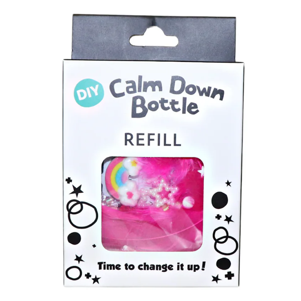 Alt text: "Packaging for a DIY Calm Down Bottle Refill. A visible window shows pink fluid with colorful stars and a rainbow. Decorative text and symbols add a playful tone."