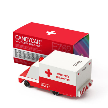 Candylab Candycar wooden diecast toy ambulance in red and white with Los Angeles decals and matching collector box.