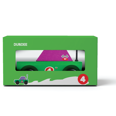 Dundee adventure truck toy in green and purple packaging, featuring a stylized wooden off-road vehicle with the number 4.