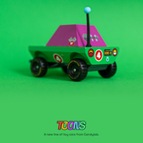 Rear view of Candylab Toons Dune-D adventure truck, a green and purple wooden toy car with a blue antenna and racing decals.
