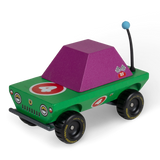 Colorful wooden toy truck with green body, purple cabin, and number 4 racing decals on chunky all-terrain tires.