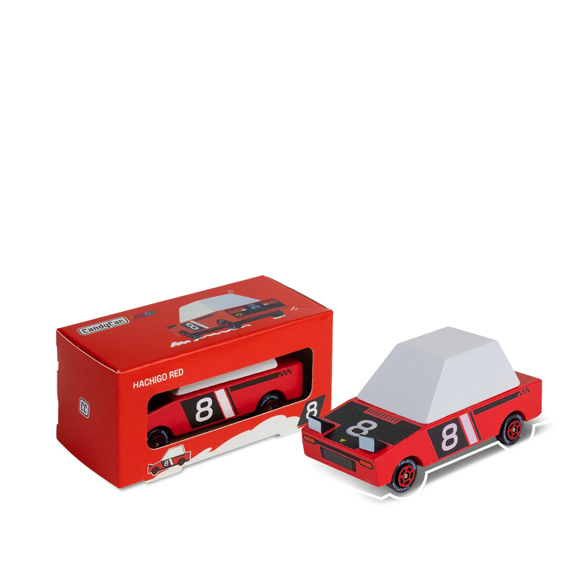 Candycar Toons Hachigo Red wooden toy race car with its red packaging box, featuring number 81 and pop-up headlights.