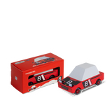 Candycar Toons Hachigo Red wooden toy race car with its red packaging box, featuring number 81 and pop-up headlights.