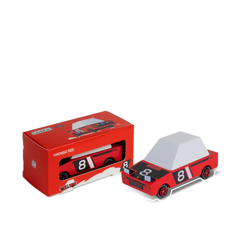 Candycar Toons Hachigo Red wooden toy race car with its red packaging box, featuring number 81 and pop-up headlights.