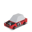 Red wooden toy race car with number 81, pop-up headlights, and white roof, part of the Candycar Toons Hachigo collection.