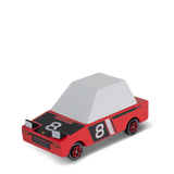 Red wooden toy race car with number 81, pop-up headlights, and white roof, part of the Candycar Toons Hachigo collection.
