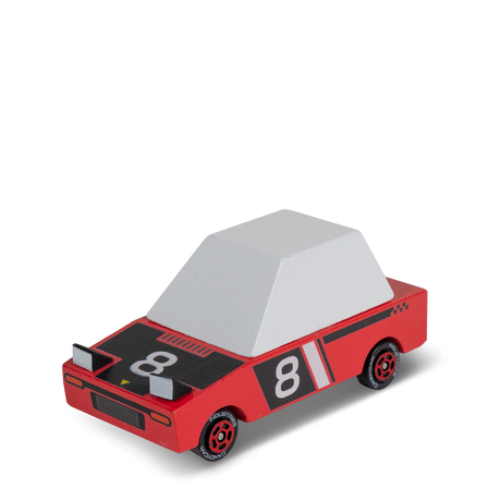 Red wooden toy race car with number 81, pop-up headlights, and white roof, part of the Candycar Toons Hachigo collection.