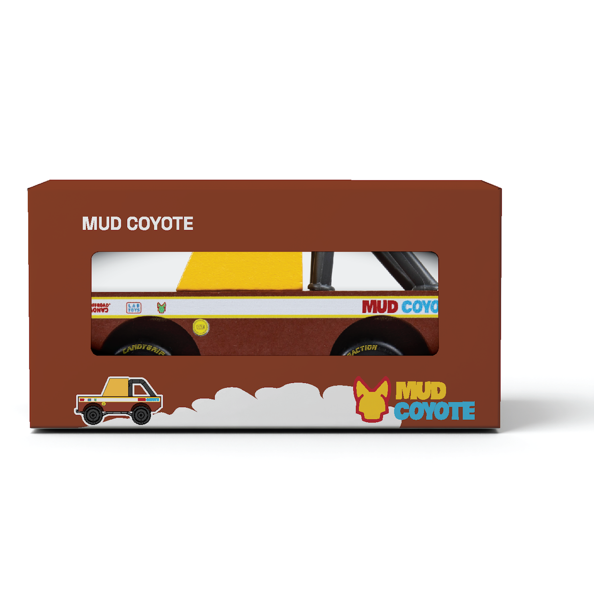 Candylab Mud Coyote wooden toy truck in brown and yellow retro packaging with a clear display window.
