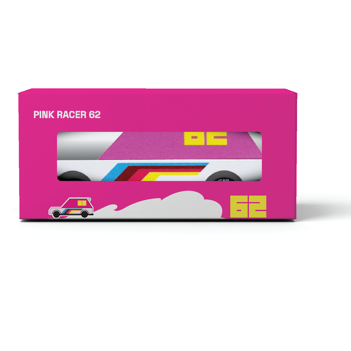 Pink Racer 62 Candylab wooden toy car in pink packaging with a retro 1960s aesthetic and vibrant racing stripes.