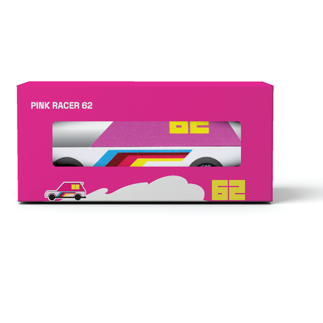 Pink Racer 62 Candylab wooden toy car in pink packaging with a retro 1960s aesthetic and vibrant racing stripes.