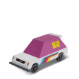 Pink wooden toy car with number 62 and retro stripes, Candylab Candycar Toons racer collectible for kids.