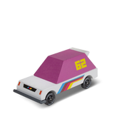 Pink wooden toy car with number 62 and retro stripes, Candylab Candycar Toons racer collectible for kids.