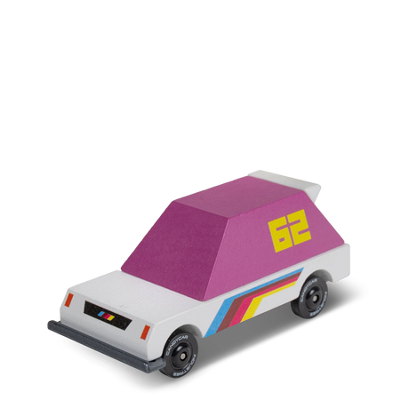 Pink wooden toy car with number 62 and retro stripes, Candylab Candycar Toons racer collectible for kids.