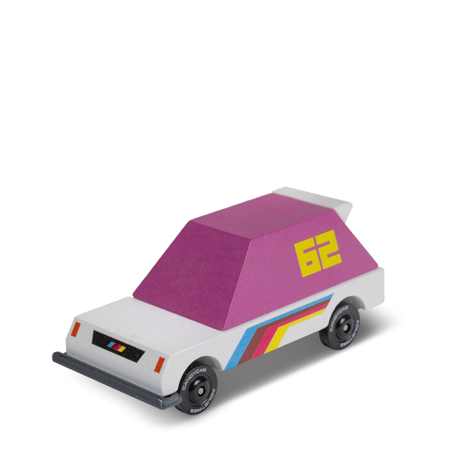Pink wooden toy car with number 62 and retro stripes, Candylab Candycar Toons racer collectible for kids.