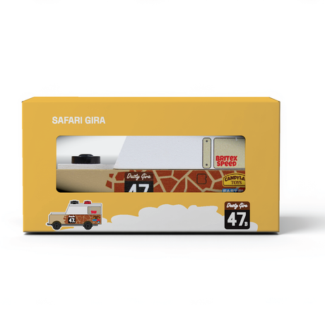 Packaging for a Candylab Safari Gira wooden toy truck, featuring giraffe print, a white roof, and "Dusty Gira 47" logos.