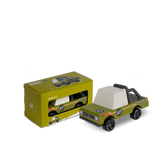 Candylab Candycar Sand Kat wooden adventure truck toy with matching olive green collector box packaging.