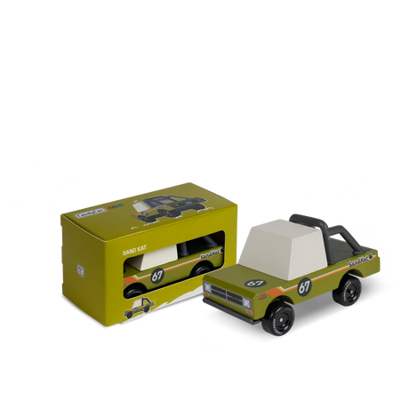 Candylab Candycar Sand Kat wooden adventure truck toy with matching olive green collector box packaging.