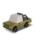 Wooden toy adventure truck in olive green with number 67, white cab, and black roll bar by Candylab Candycar.