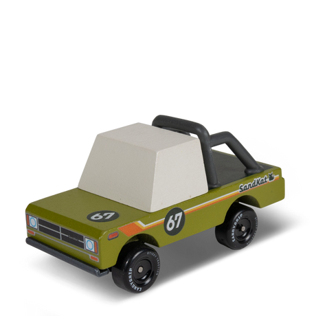 Wooden toy adventure truck in olive green with number 67, white cab, and black roll bar by Candylab Candycar.