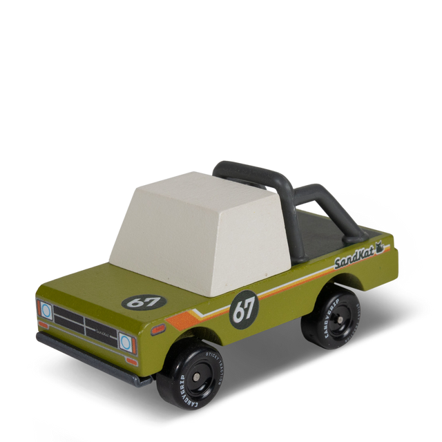 Wooden toy adventure truck in olive green with number 67, white cab, and black roll bar by Candylab Candycar.