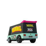 Rear view of a Candycar Toons Seafoam Vandal wooden van toy with a pink spoiler, "Vandal" graphics, and "305" racing number.