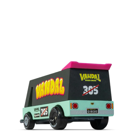 Rear view of a Candycar Toons Seafoam Vandal wooden van toy with a pink spoiler, "Vandal" graphics, and "305" racing number.