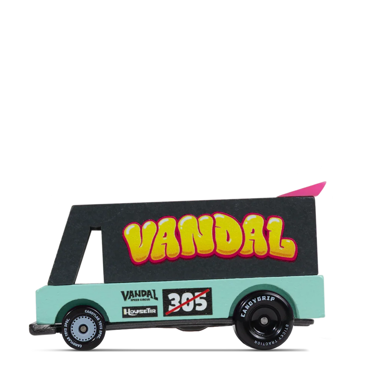 Side view of a Candylab Candycar Seafoam Vandal wooden toy van with colorful graffiti graphics and black wheels.