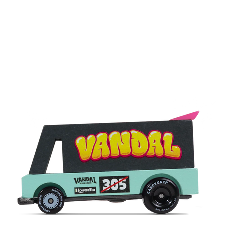 Side view of a Candylab Candycar Seafoam Vandal wooden toy van with colorful graffiti graphics and black wheels.