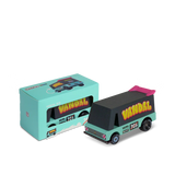 Candycar Toons Vandal 305 wooden toy van in seafoam green and black next to its matching teal collectors box.