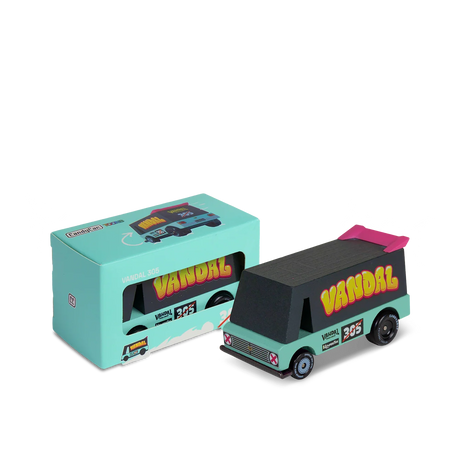 Candycar Toons Vandal 305 wooden toy van in seafoam green and black next to its matching teal collectors box.