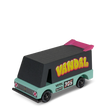 Wooden toy Vandal Van in seafoam green and black with pink spoiler and yellow "Vandal" graffiti text on a white background.