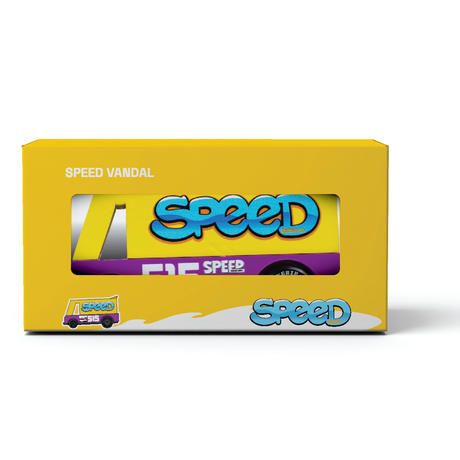 A yellow Candycar Toons Speed Vandal toy van in packaging with blue graffiti-style text and a purple base.