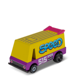 Candycar Toons Speed Vandal van toy with yellow top, purple base, pink spoiler, and "SPEED" logo on white background.