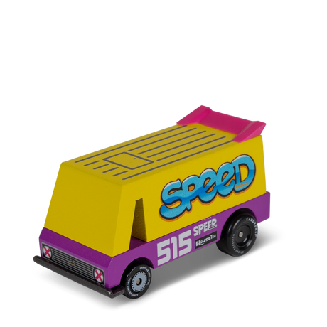Candycar Toons Speed Vandal van toy with yellow top, purple base, pink spoiler, and "SPEED" logo on white background.