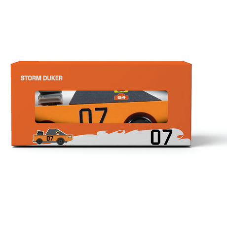 Storm Duker wooden muscle car toy by Candycar in orange packaging with vintage racing graphics and number 07.