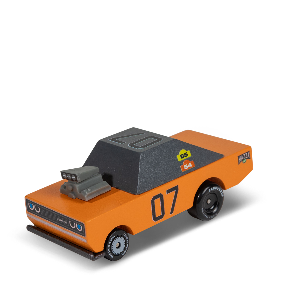 Orange wooden toy muscle car with a grey roof, exposed engine, and "07" on the side by Candylab Toys.