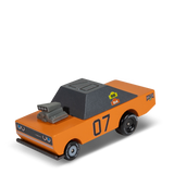 Orange wooden toy muscle car with a grey roof, exposed engine, and "07" on the side by Candylab Toys.