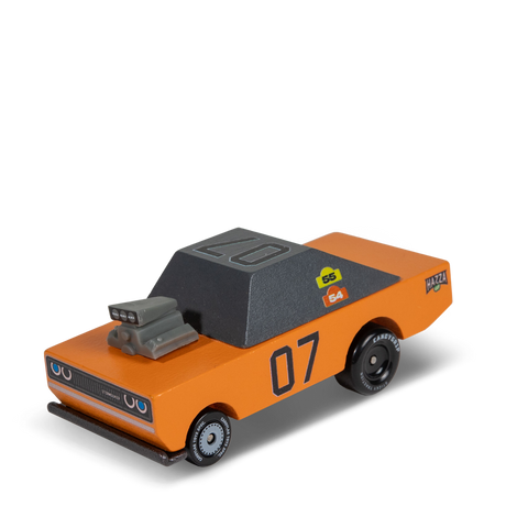 Orange wooden toy muscle car with a grey roof, exposed engine, and "07" on the side by Candylab Toys.