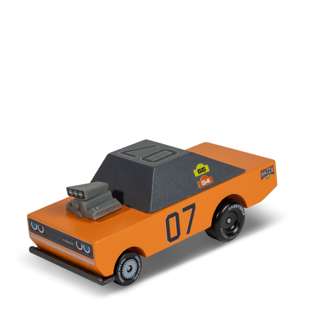Orange wooden toy muscle car with a grey roof, exposed engine, and "07" on the side by Candylab Toys.