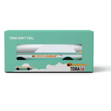 Tora Drift Teal GT wooden toy car in teal packaging, featuring a retro racing design with DRF decals and white roof.