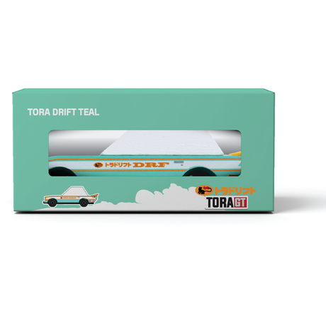 Tora Drift Teal GT wooden toy car in teal packaging, featuring a retro racing design with DRF decals and white roof.