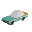 Teal and white Tora Candycar wooden toy racer with yellow spoiler and DRF decals on a white background.