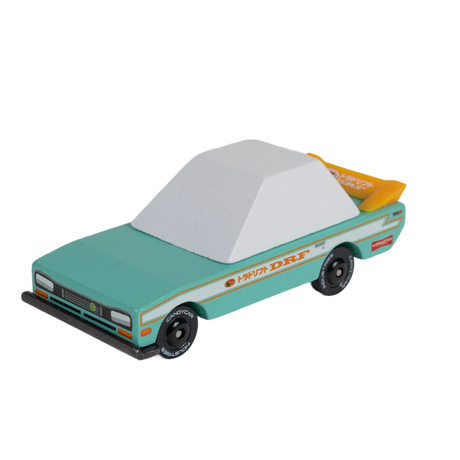 Teal and white Tora Candycar wooden toy racer with yellow spoiler and DRF decals on a white background.