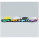 Four wooden toy race cars with colorful geometric designs and numbers from the Candylab Candycar Tokyo Heat collection.