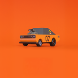 Orange and grey Candycar Storm Duke muscle car toy with a large engine hood scoop and number 07 on an orange background.