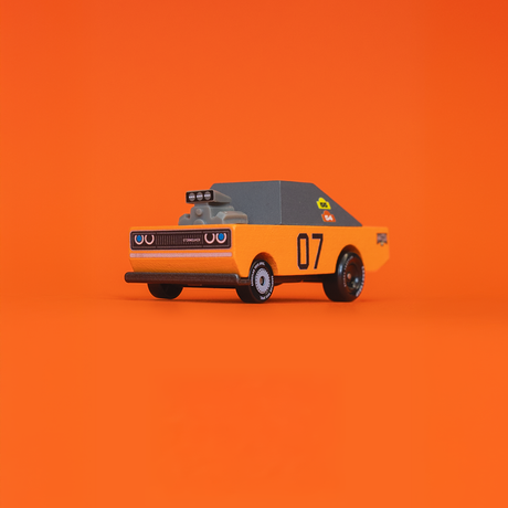 Orange and grey Candycar Storm Duke muscle car toy with a large engine hood scoop and number 07 on an orange background.