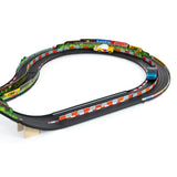 Candylab Roadworks curved toy track loop with wooden toy cars, colorful guardrails, and miniature billboard scenery.